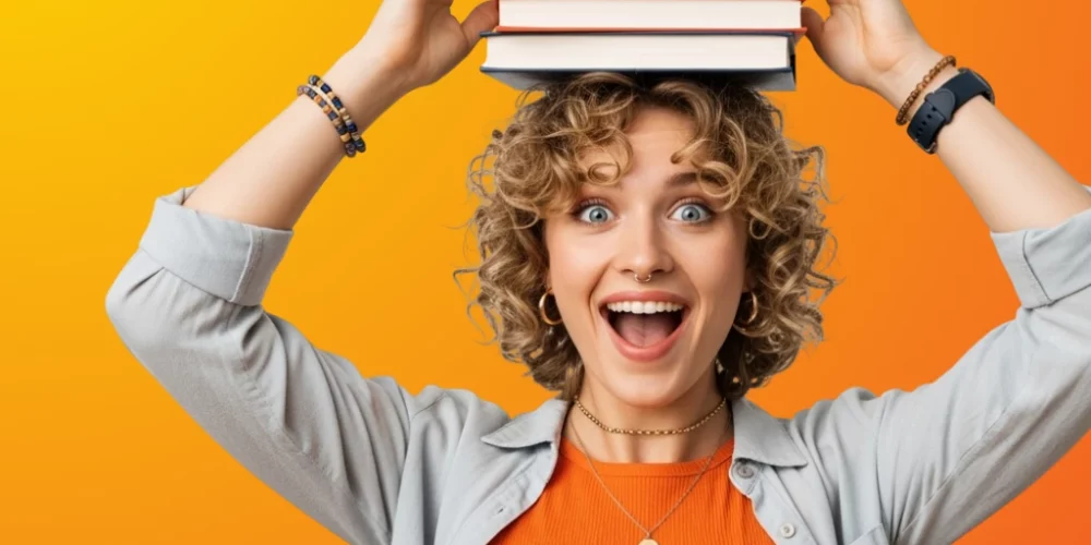 Egyetemista lány sok tankönyvvel, rugalmas munka mellett