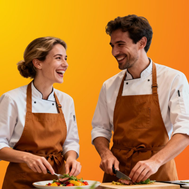 Fiatal diákmunkás pár vendéglátós munkakörben egy konyhában -illusztráció az alkalmi diákmunka előnyeiről.