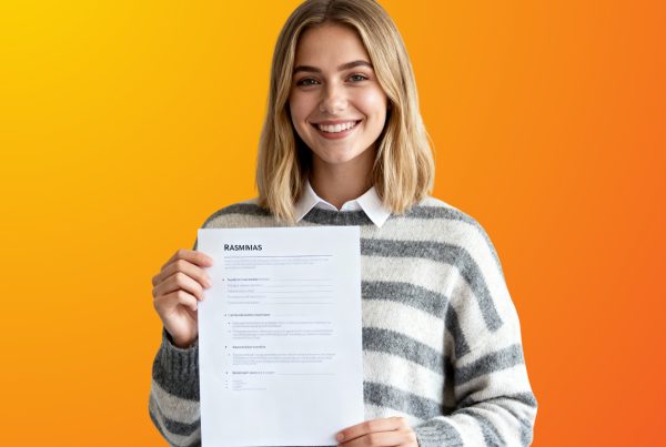 Egy diák a tökéletes diákmunka önéletrajzot tartja a kezében. A képen egy modern, letisztult CV sablon látható narancssárga háttér előtt, ami a sikeres álláskeresést és a professzionális CV írást szimbolizálja.