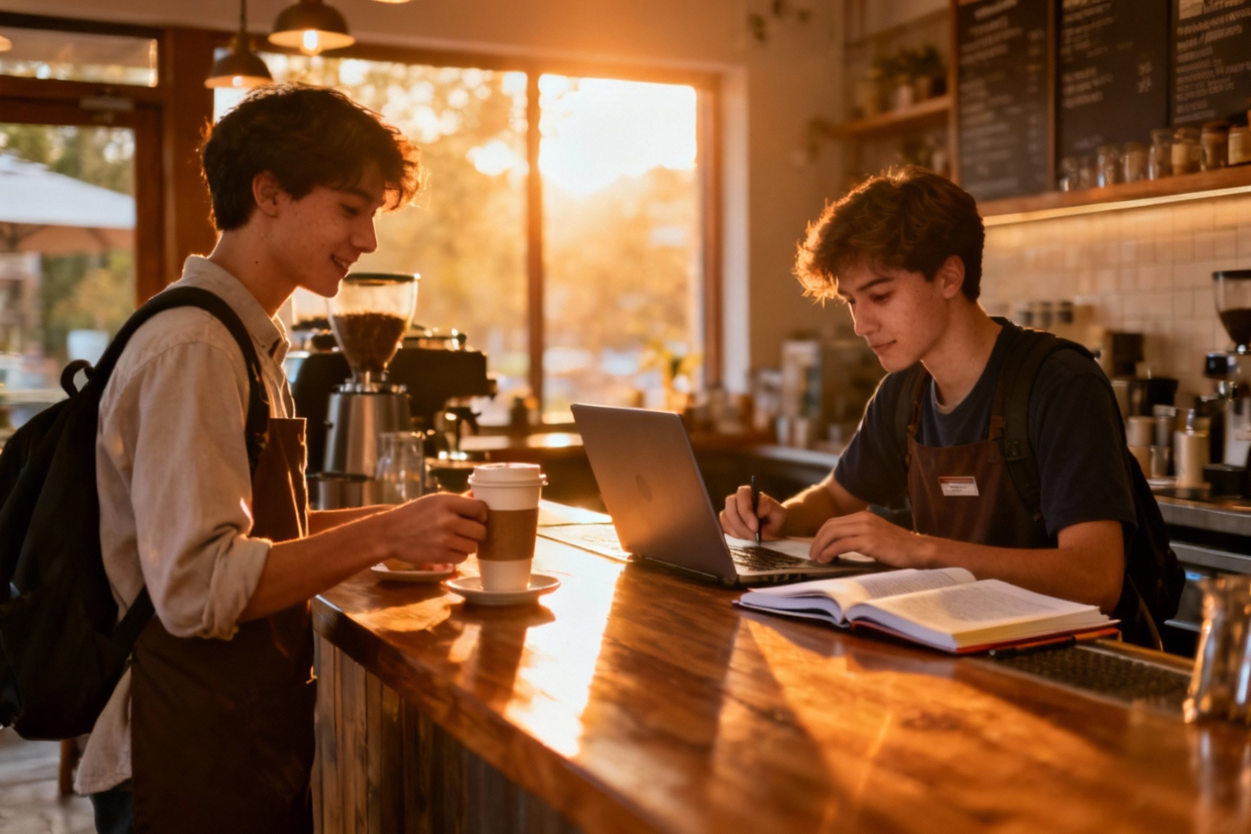 Két diák a Quantum Diákszövetkezeten keresztül talált alkalmi diákmunkán egy kávézó pultja mögött.