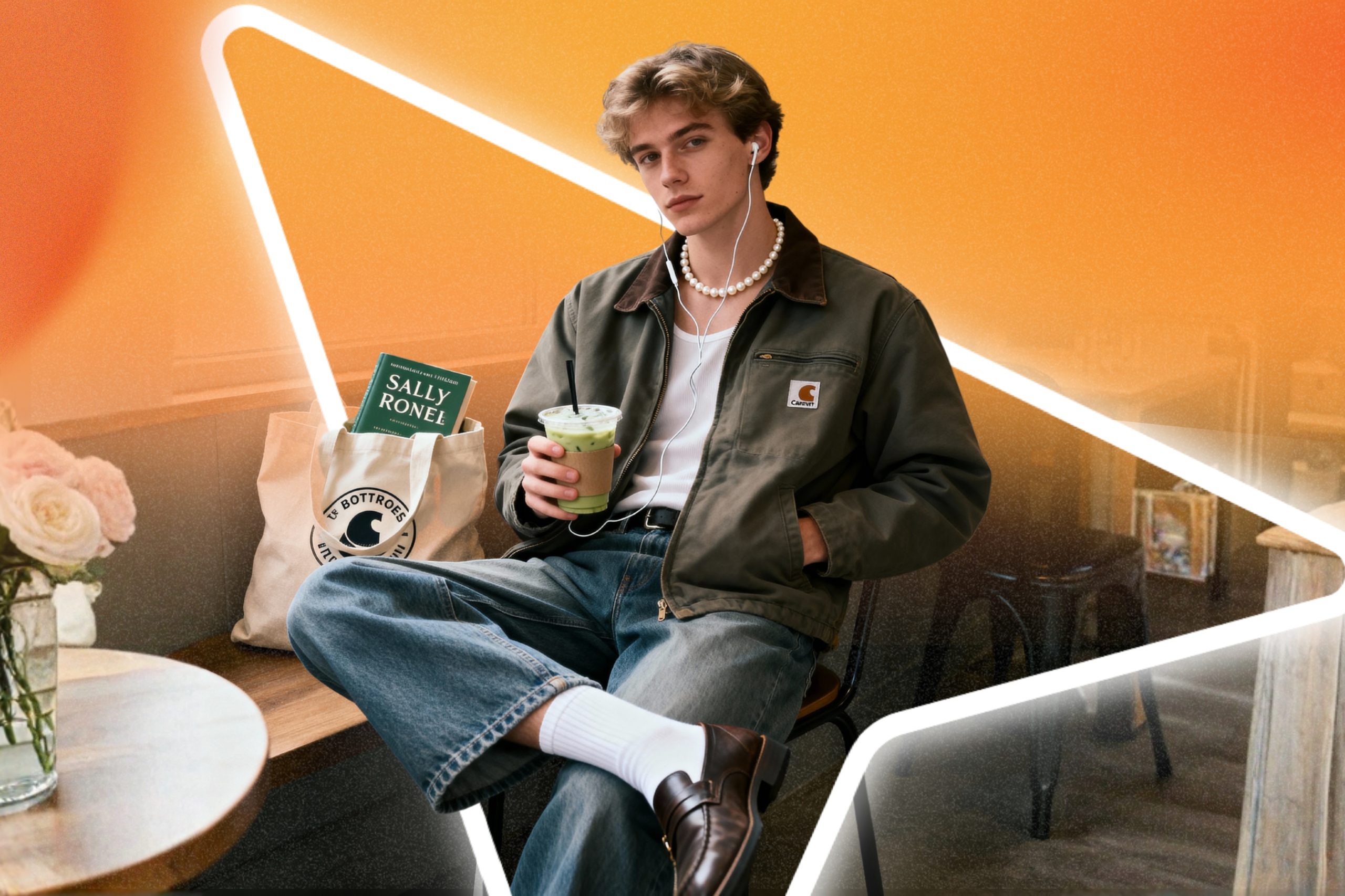Performative Male jelenség: egy fiatal diák Carhartt dzsekiben és gyöngynyakláncban ül egy kávézóban, kezében matcha latte, mellette vászontáska Sally Rooney könyvvel.
